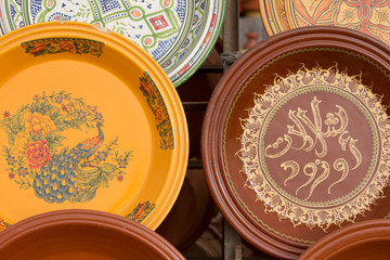 Clay Tajines for sale in a market stall, Morocco
