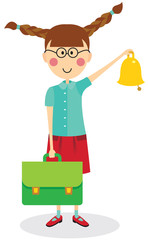 Schoolgirl with briefcase and bell
