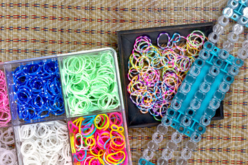 close up of set of colorful elastic loom bands color full