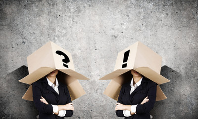 People with boxes on head