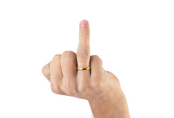 Hand showing middle finger with wedding ring