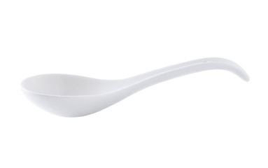 White empty ceramic spoon for soup on white background
