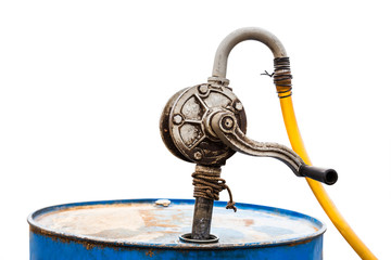 old manual gasoline pump on white background