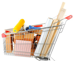 Shopping cart with materials for  home renovation, isolated