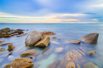 Lanhinkaow Rayong Thailand.the beach have many white rock on it.