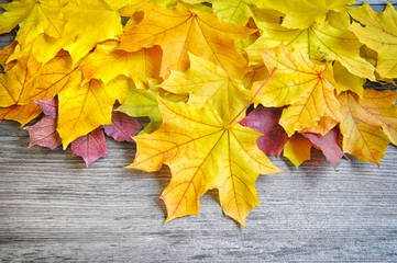 Autumn leaves over old wooden background. With copy space