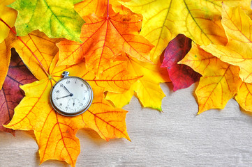 An old clock is on autumn maple leaves