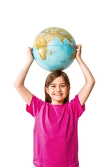 Cute pupil smiling holding globe