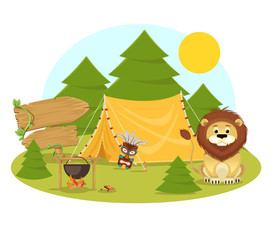 Stock vector flat camping in forest cartoon illustration