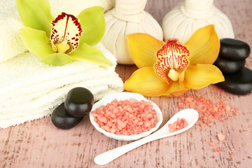 Colorful tropical orchid flowers and spa set