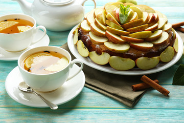 Homemade apple pie served on table, close-up