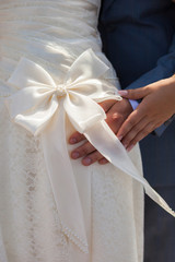 Fototapeta na wymiar bridesmaid bow on wedding dress