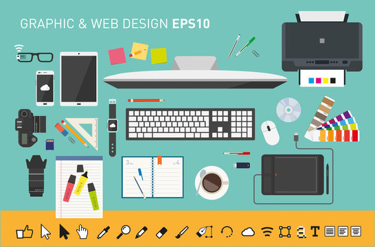 Graphic and web design desk from top view