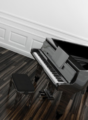 Open grand piano with a view of the keyboard