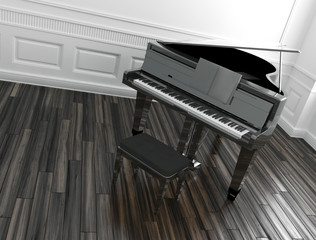 Open grand piano in a paneled room