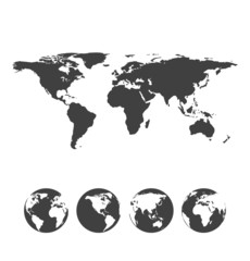 Fototapeta na wymiar Gray map of the world with globe icons