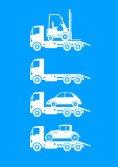 White tow truck icons on blue background