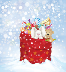 Vector Santa Claus bag full of toys and gifts on snowfall backgr