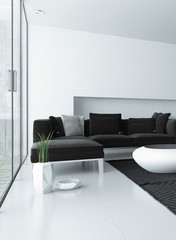 Modern living room with grey and white decor