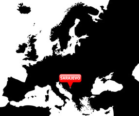 Map over Europe with the Capital in red bubble - Sarajevo.