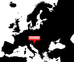 Map over Europe with the Capital in red bubble - Zagreb.