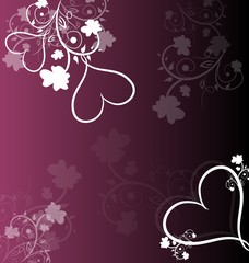 Purple background with floral ornaments and hearts