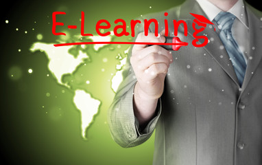 business man writing e-learning concept