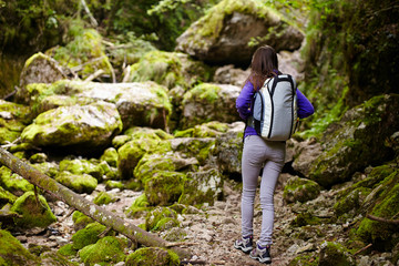 Naklejka na ściany i meble Hiker lady with backpack on trail