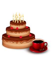 Background with birthday chocolate cake and a cup of coffee. Vec