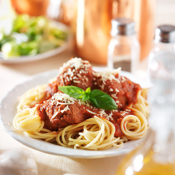 italian spaghetti and meatballs with salad