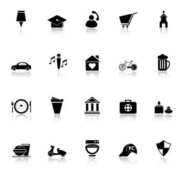 Map sign and symbol icons with reflect on white background