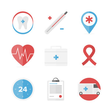 Medical and healthcare assistance flat icons set