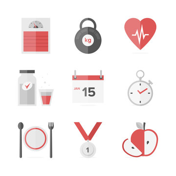 Dieting and weight loss flat icons set
