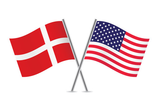 American and Danish flags. Vector illustration.