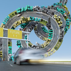 Road to future with futuristic vehicles and architecture.