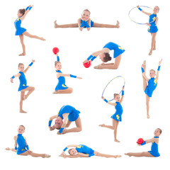 collection of little girl in blue doing gymnastics isolated on w