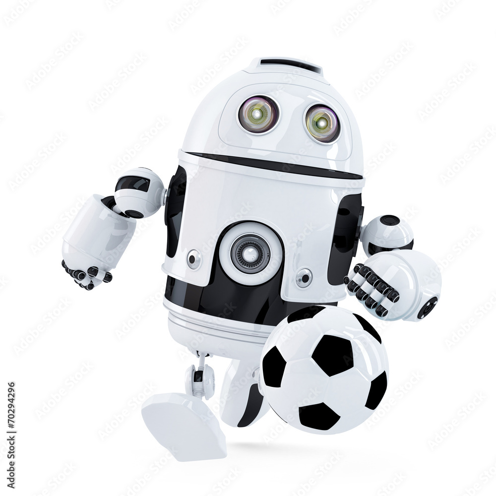 Poster robot playing football. isolated. contains clipping path