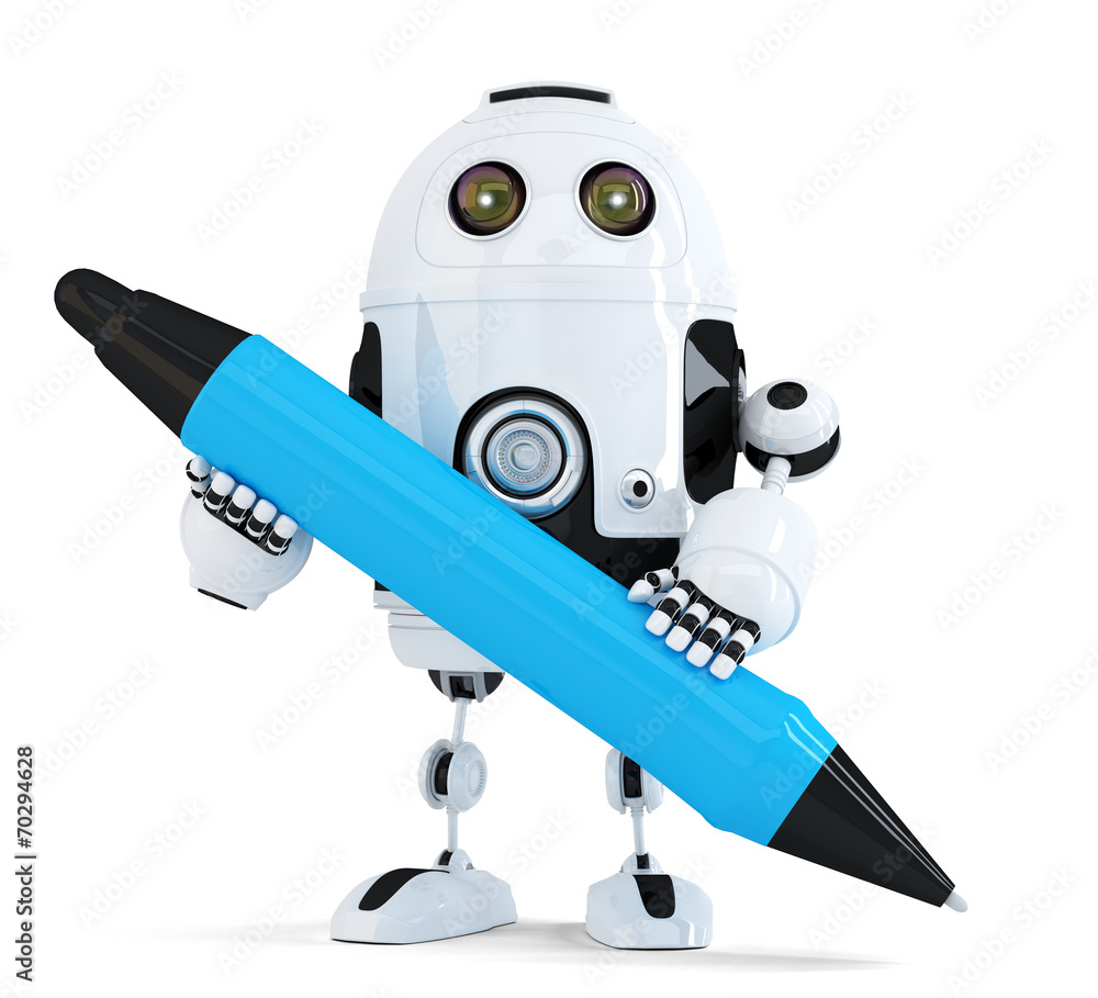 Poster robot with pen. isolated on white. contains clipping path
