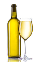 Glass and bottle of white wine isolated on white
