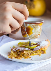 eat apple strudel on a white plate, hands, .fork