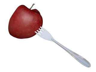 Fourchette et pomme sur fond blanc