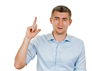 Eureka.Man with an idea raising her finger