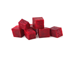 Beetroot cube slice closeup isolated on white background