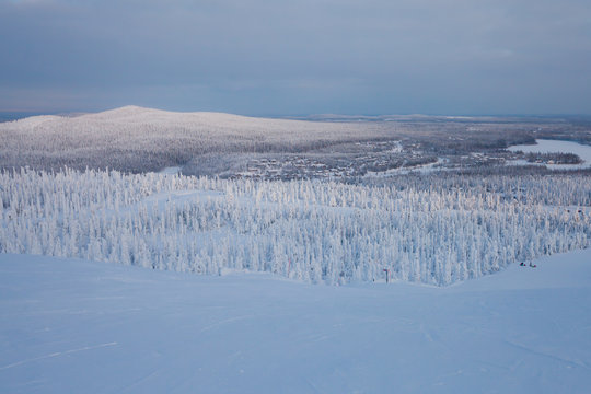 Beautiful vibrant sunny scandinavian winter aerial landscape wit