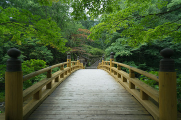 Old wooden bridge in traditional Japanese garden - 70302625