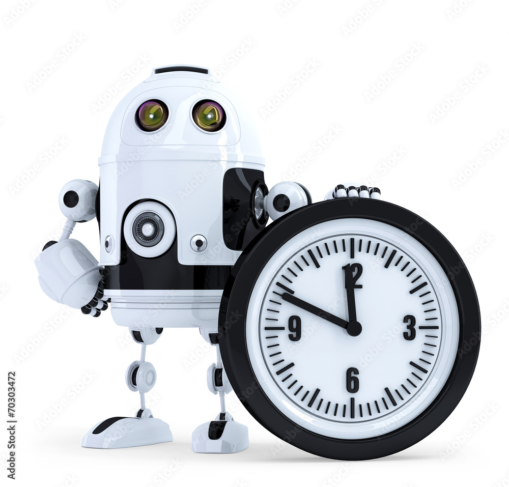 Poster robot with clock. technology concept. isolated. clipping path