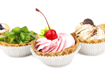 cake with cherry, kiwi fruit, currants and coffee