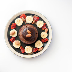 Handmade breakfast chocolate souffle and fruits