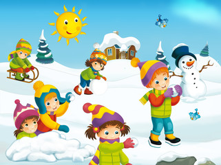 Fototapeta na wymiar Winter cartoon illustration for the children
