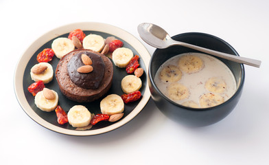 Handmade breakfast chocolate souffle and fruits